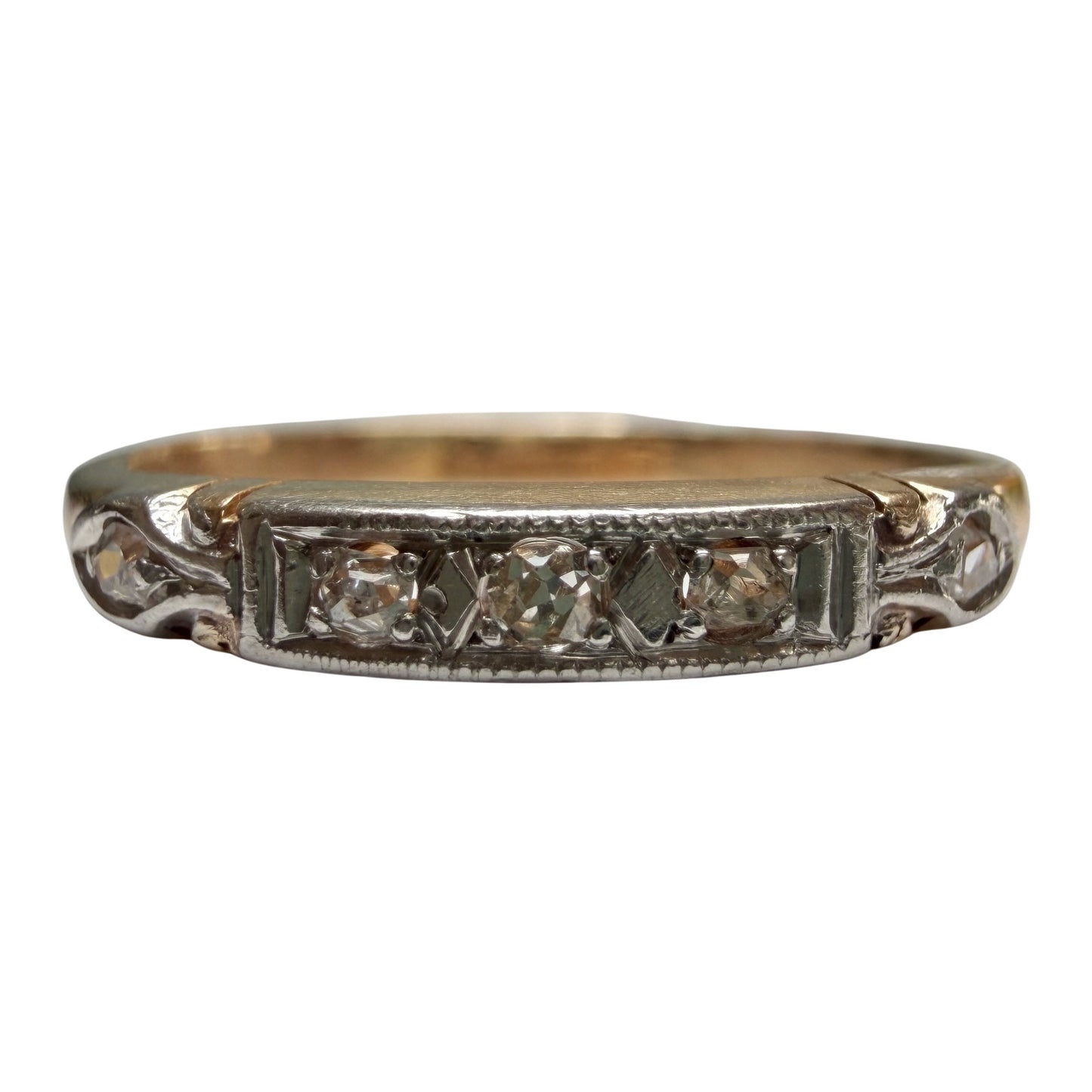 A N T I Q U E // deco stacker / 14k yellow and white gold old diamond half eternity band / size 6.75