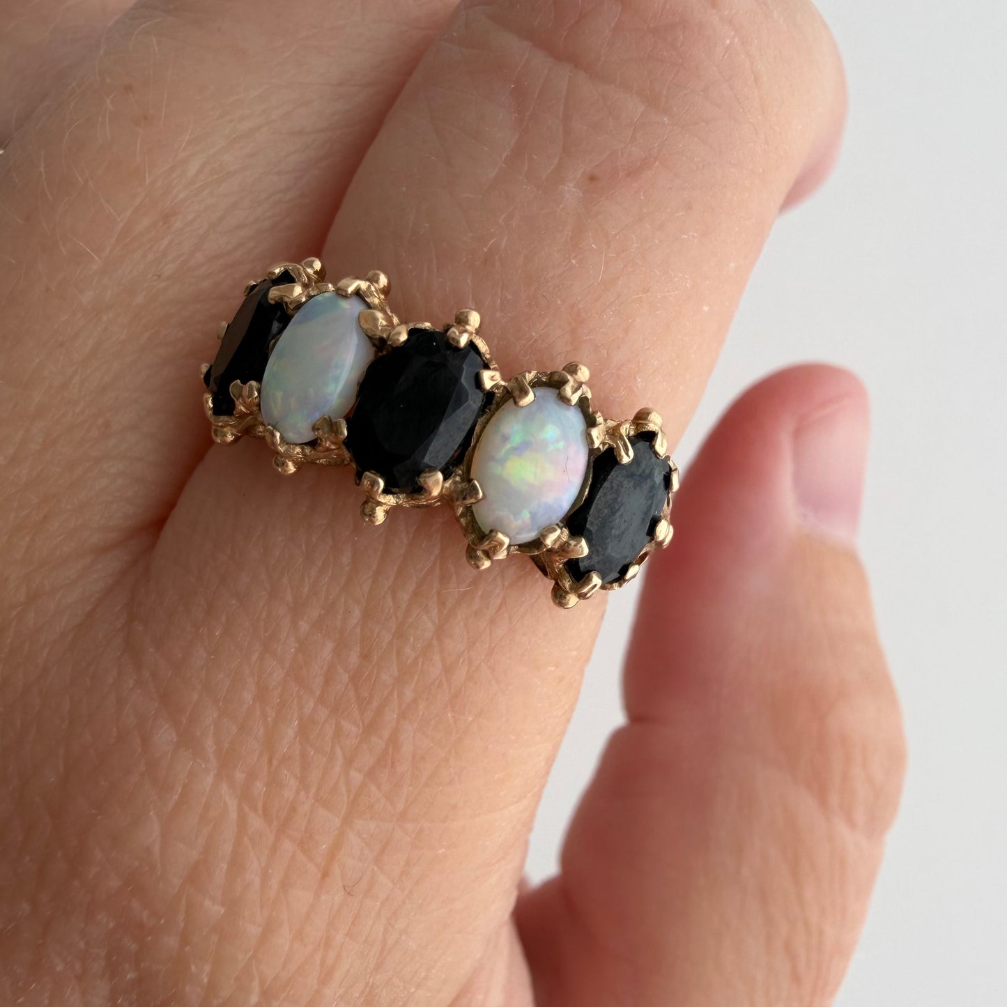 V I N T A G E // opal topaz hopscotch / 9k + blue topaz + opal whimsical five stone ring / size 6.75