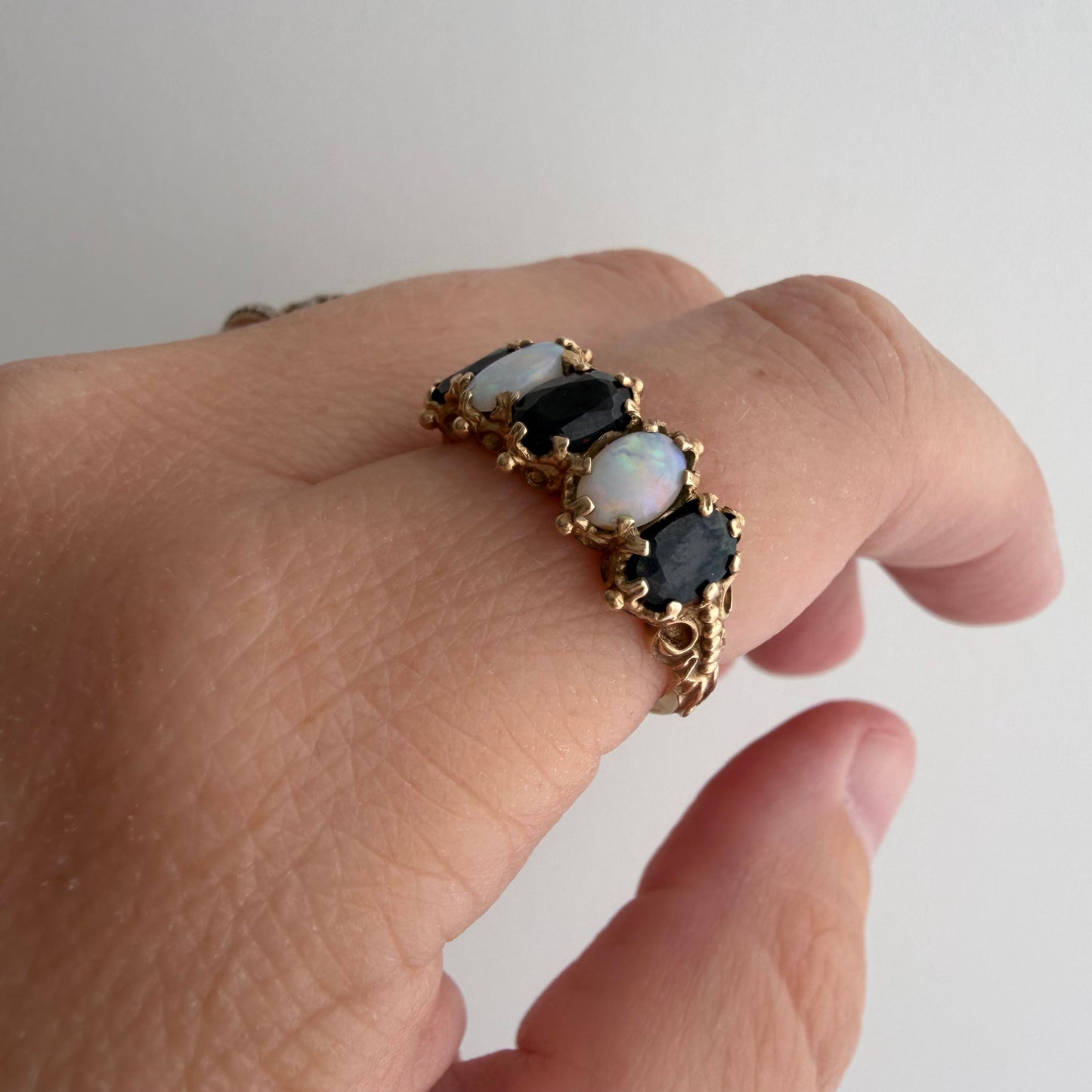 V I N T A G E // opal topaz hopscotch / 9k + blue topaz + opal whimsical five stone ring / size 6.75