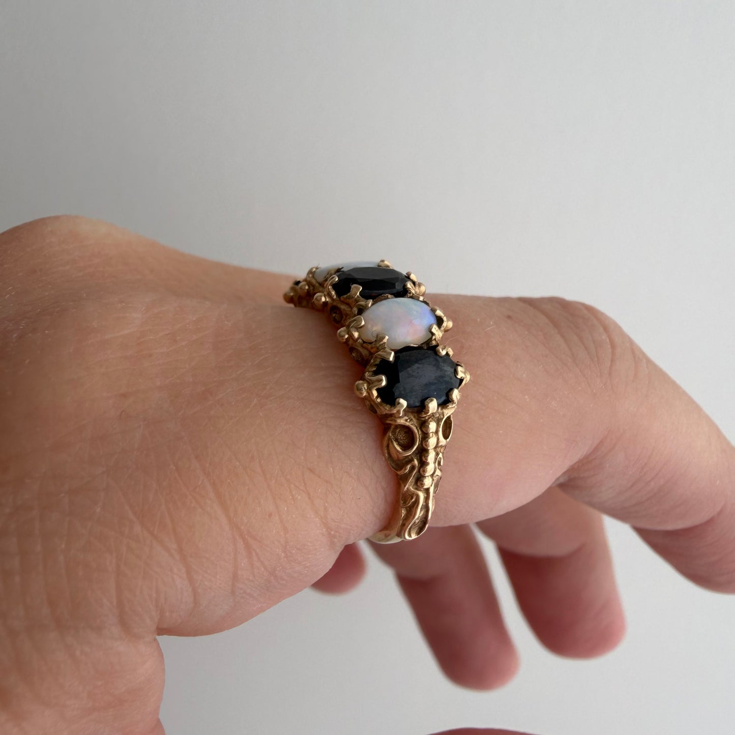 V I N T A G E // opal topaz hopscotch / 9k + blue topaz + opal whimsical five stone ring / size 6.75