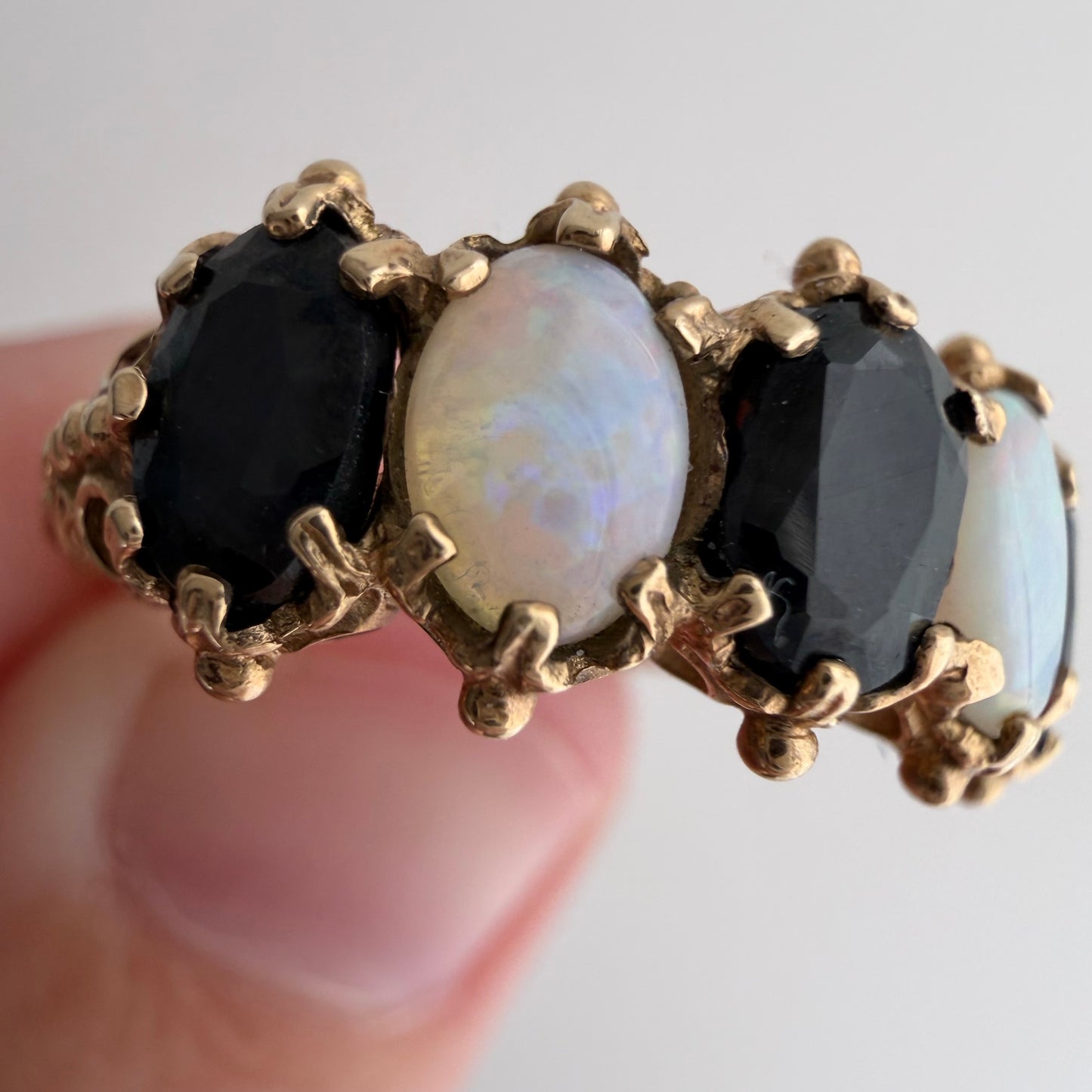 V I N T A G E // opal topaz hopscotch / 9k + blue topaz + opal whimsical five stone ring / size 6.75