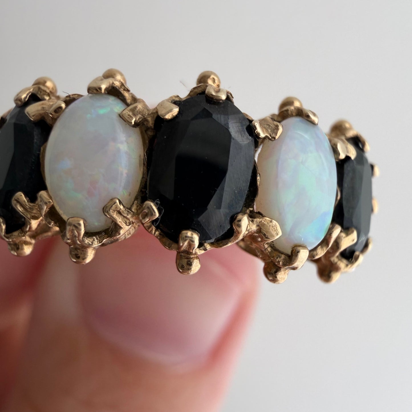 V I N T A G E // opal topaz hopscotch / 9k + blue topaz + opal whimsical five stone ring / size 6.75