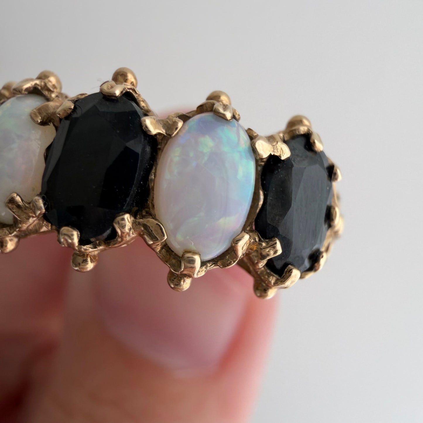 V I N T A G E // opal topaz hopscotch / 9k + blue topaz + opal whimsical five stone ring / size 6.75