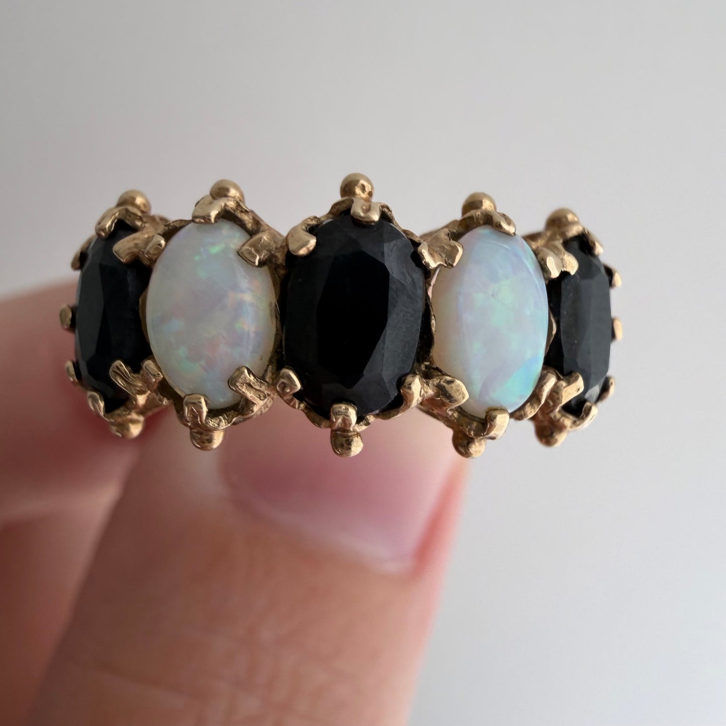 V I N T A G E // opal topaz hopscotch / 9k + blue topaz + opal whimsical five stone ring / size 6.75