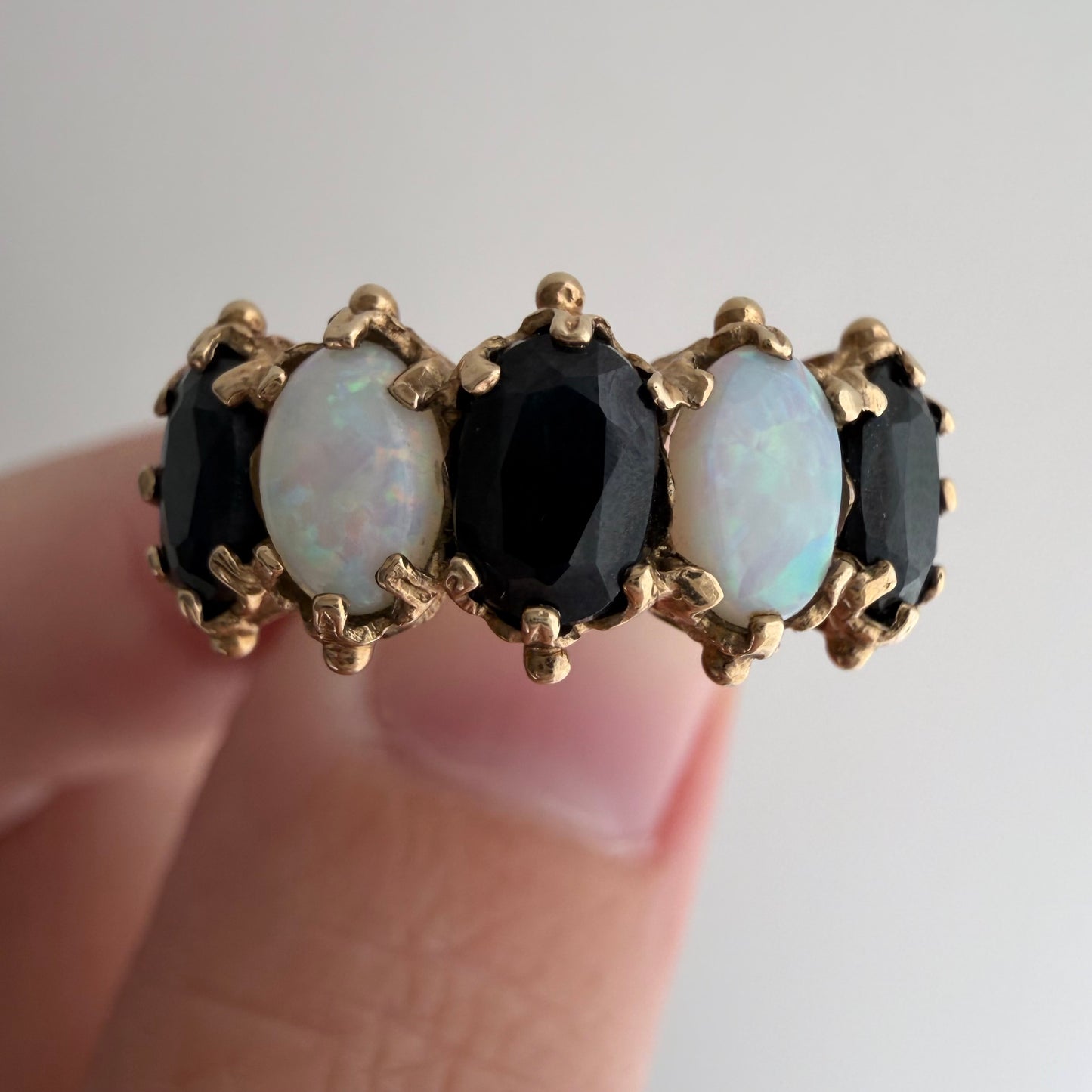 V I N T A G E // opal topaz hopscotch / 9k + blue topaz + opal whimsical five stone ring / size 6.75