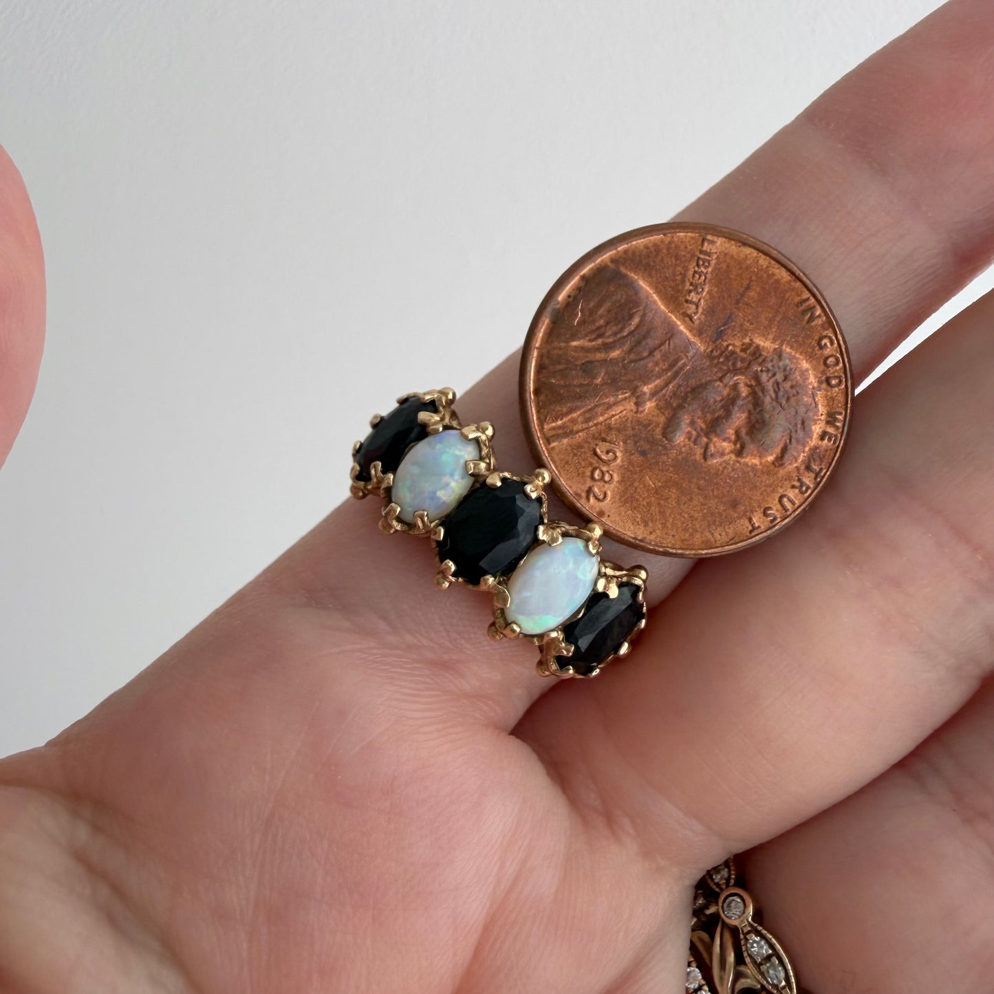V I N T A G E // opal topaz hopscotch / 9k + blue topaz + opal whimsical five stone ring / size 6.75