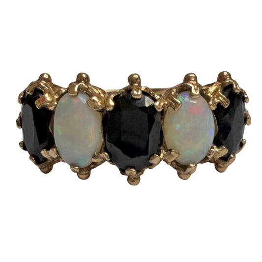 V I N T A G E // opal topaz hopscotch / 9k + blue topaz + opal whimsical five stone ring / size 6.75