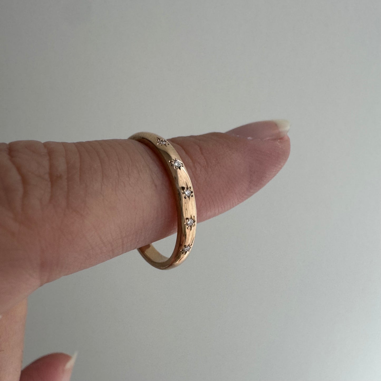 reimagined V I N T A G E // star story / rosy 14k plump pipe cut band with five new star-set diamonds / size 5.75