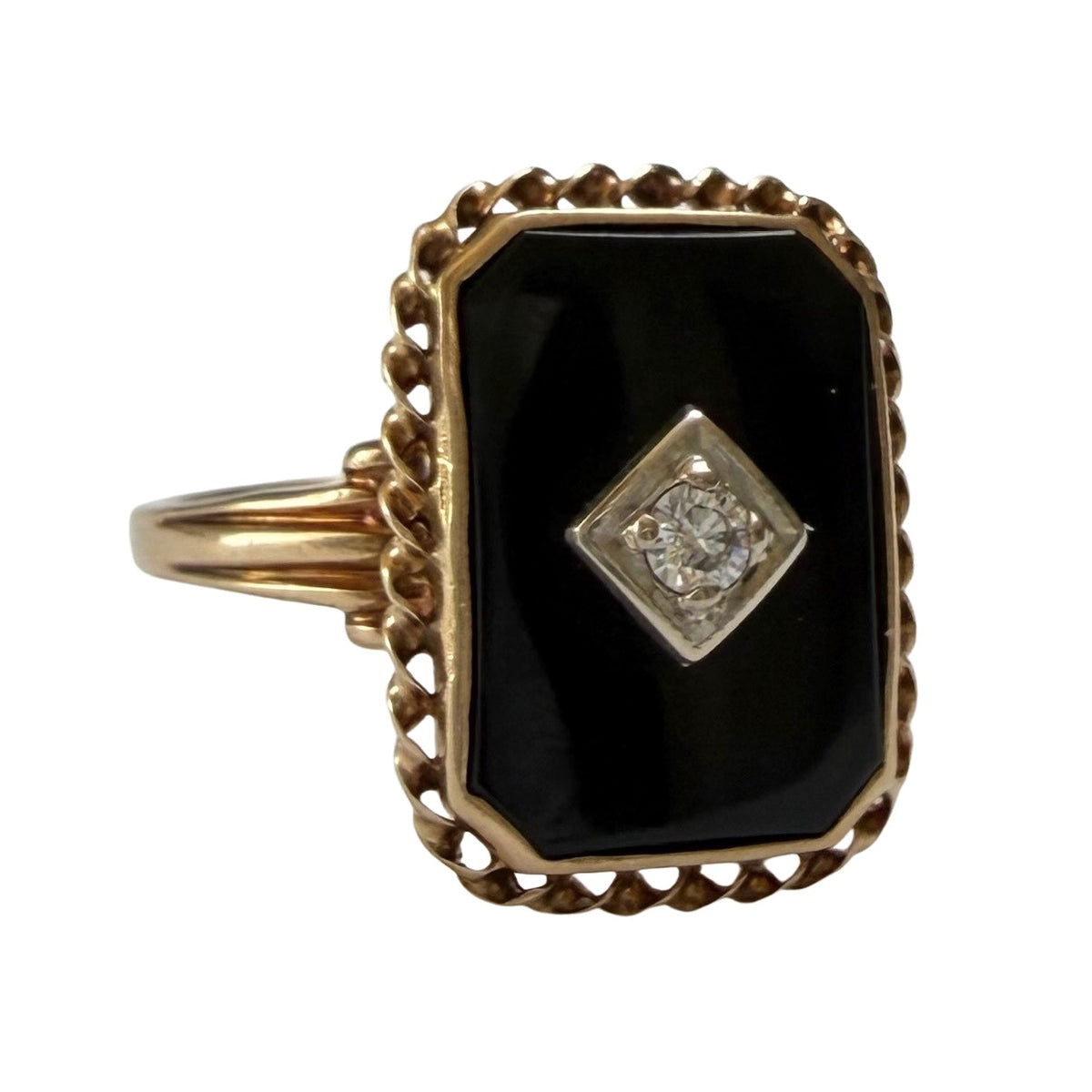 V I N T A G E // north star at night / retro 1940s 10k + onyx + diamond ring / size 7.75