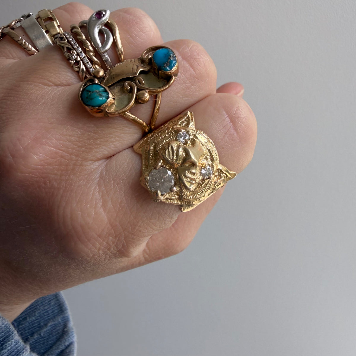 reworked V I N T A G E // a tiger's treat / 14k tiger face with new natural diamonds / size 6.5-ish