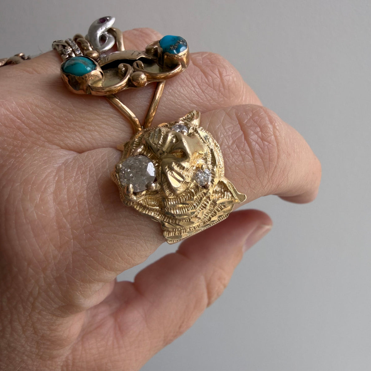 reworked V I N T A G E // a tiger's treat / 14k tiger face with new natural diamonds / size 6.5-ish
