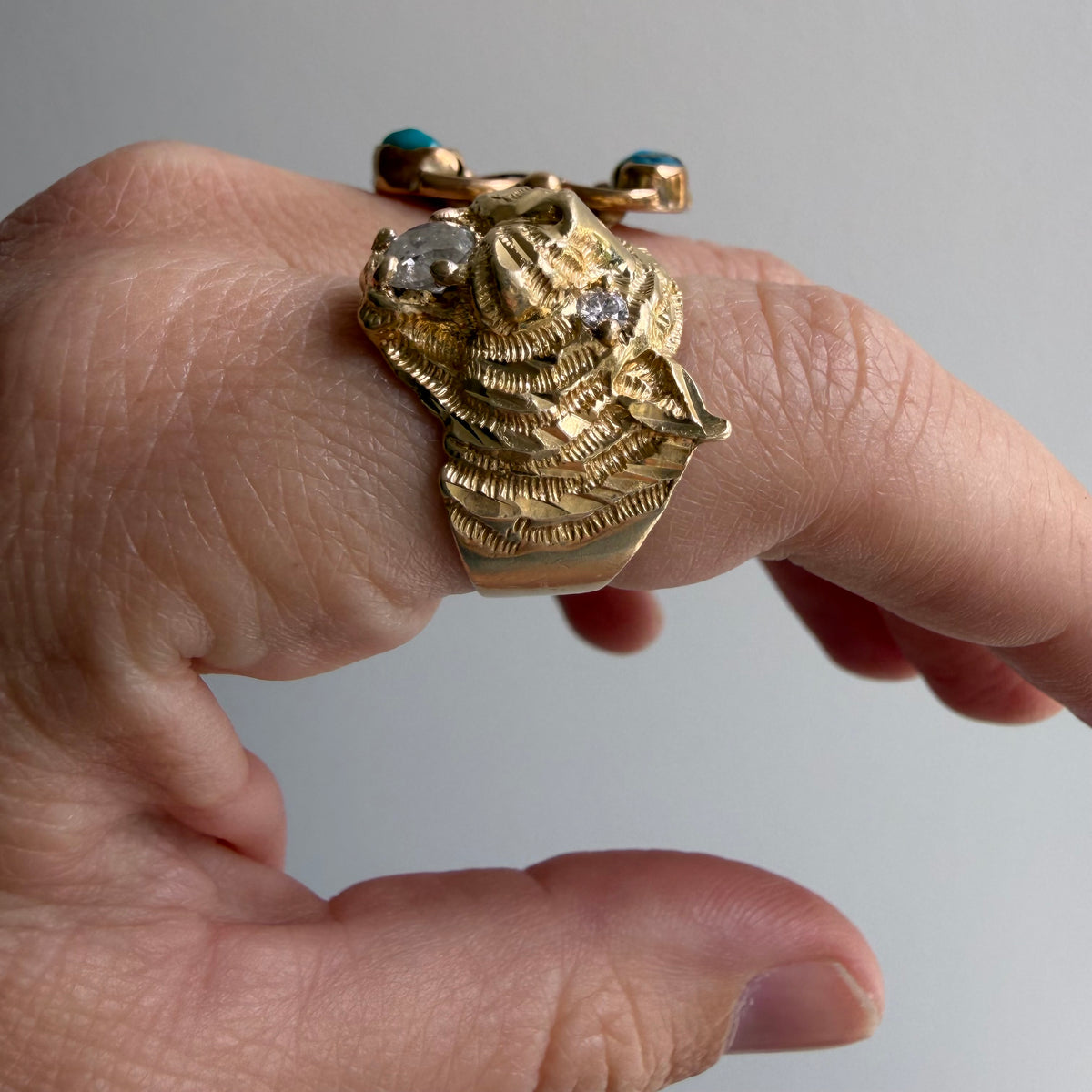 reworked V I N T A G E // a tiger's treat / 14k tiger face with new natural diamonds / size 6.5-ish