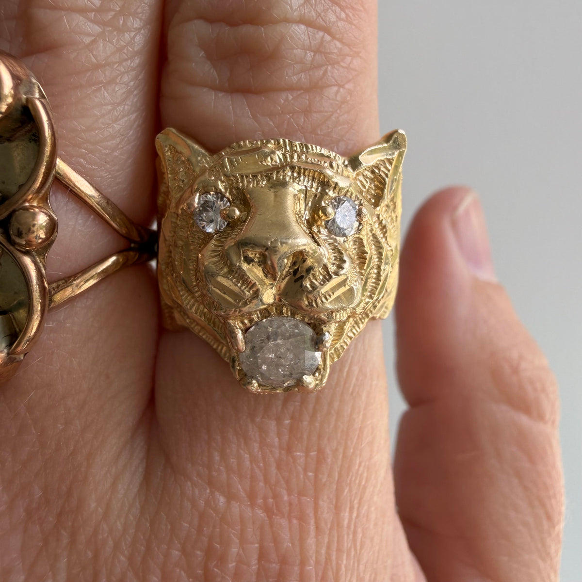 reworked V I N T A G E // a tiger's treat / 14k tiger face with new natural diamonds / size 6.5-ish