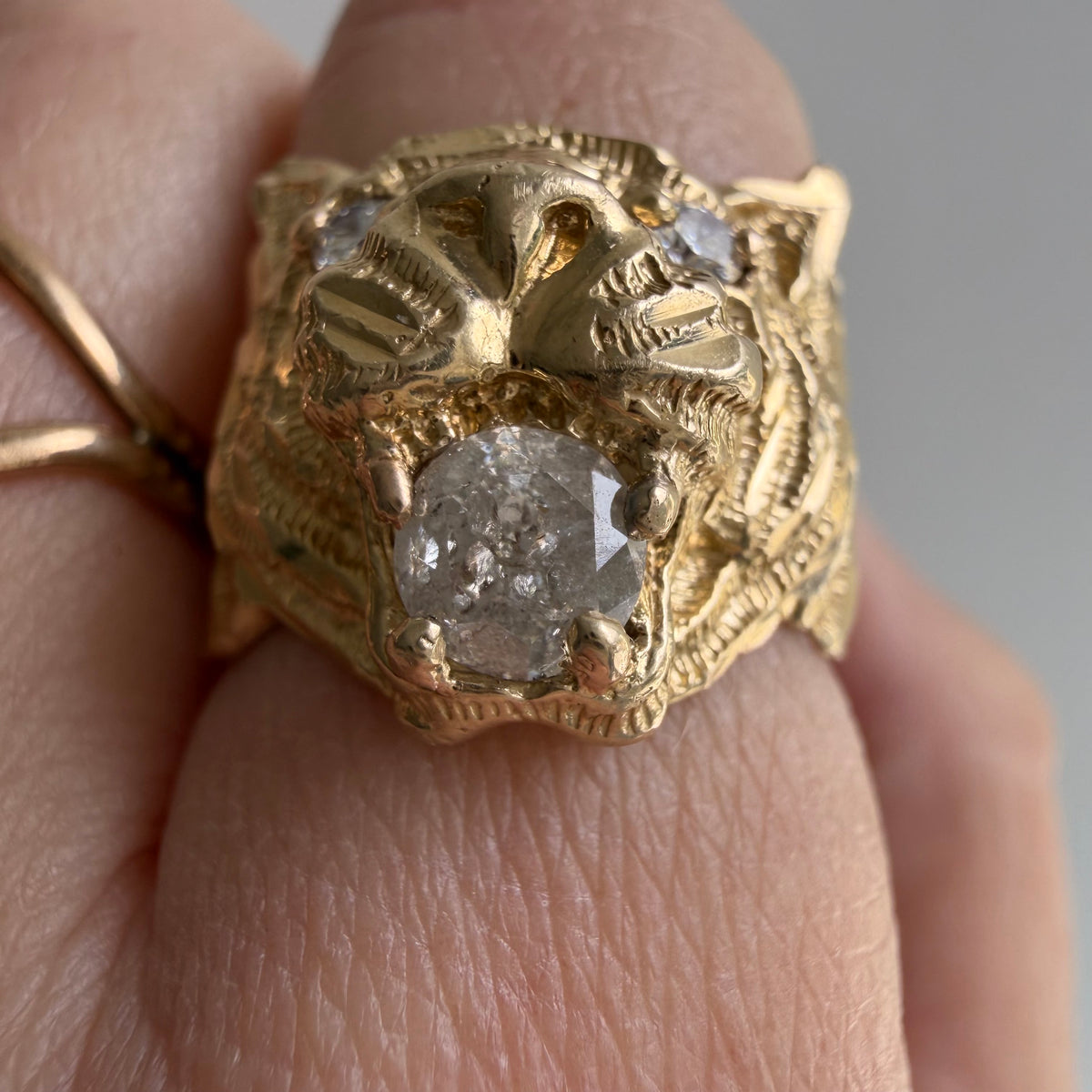 reworked V I N T A G E // a tiger's treat / 14k tiger face with new natural diamonds / size 6.5-ish