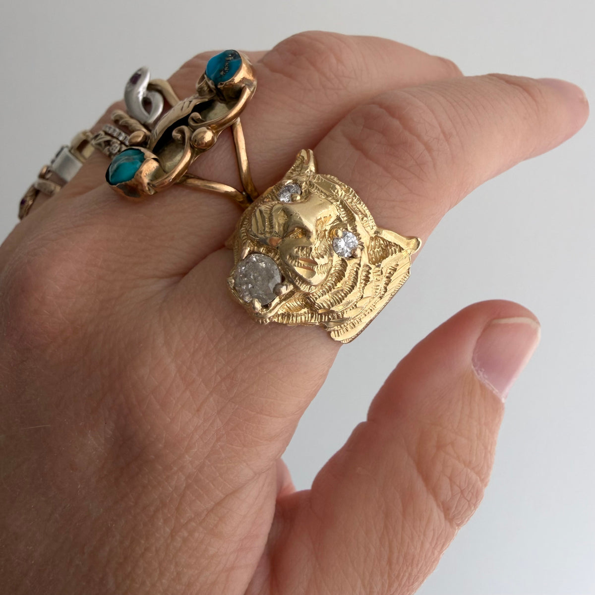 reworked V I N T A G E // a tiger's treat / 14k tiger face with new natural diamonds / size 6.5-ish