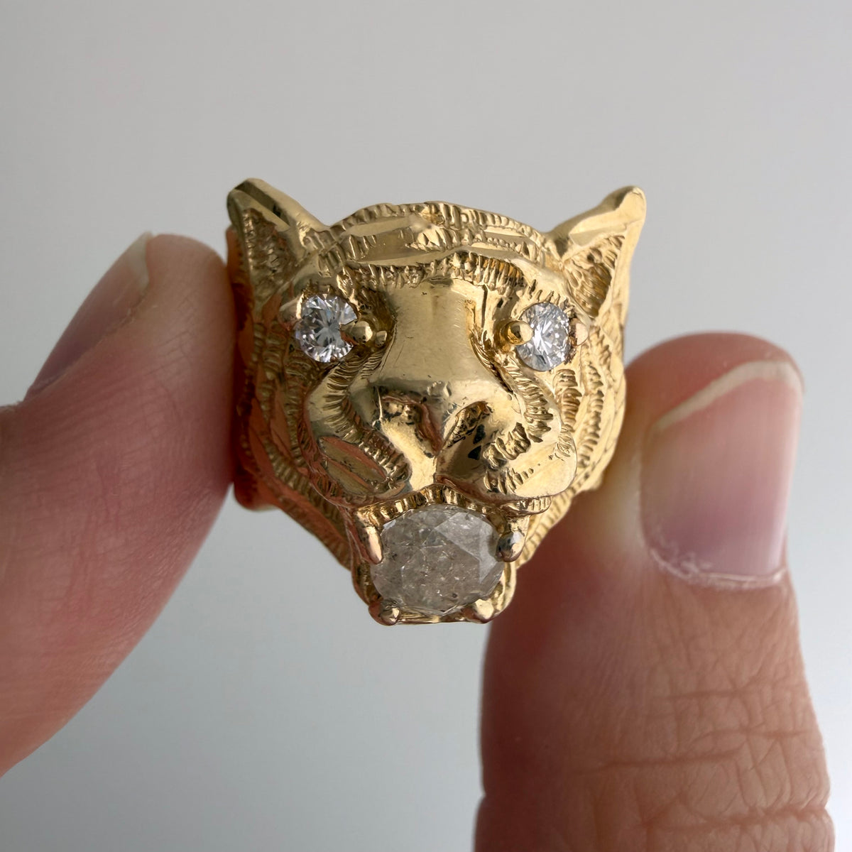 reworked V I N T A G E // a tiger's treat / 14k tiger face with new natural diamonds / size 6.5-ish