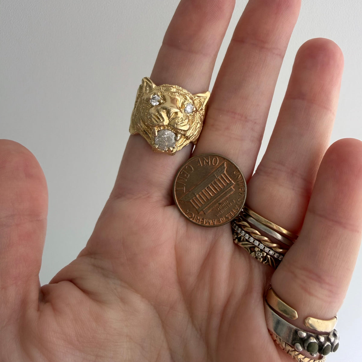 reworked V I N T A G E // a tiger's treat / 14k tiger face with new natural diamonds / size 6.5-ish