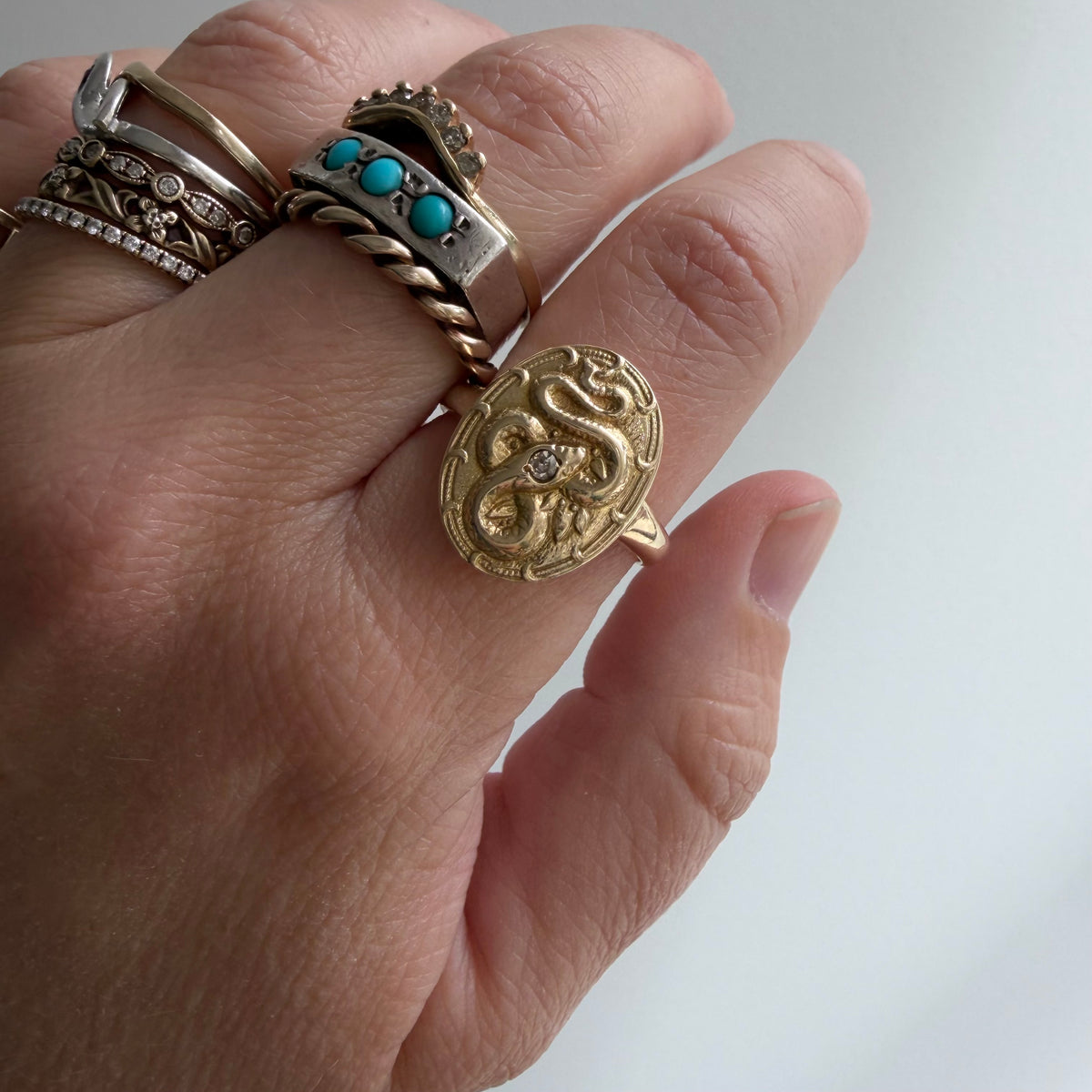 reimagined A N T I Q U E // slither through it / 14k and diamond cufflink conversion ring / size 7.25+