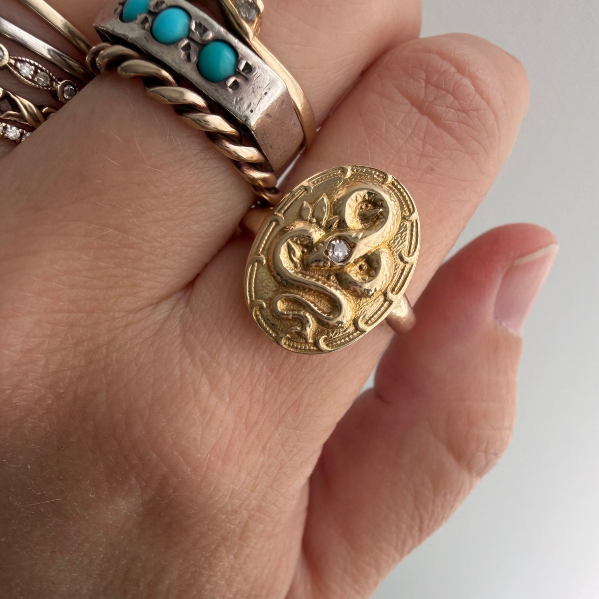 reimagined A N T I Q U E // slither through it / 14k and diamond cufflink conversion ring / size 7.25+