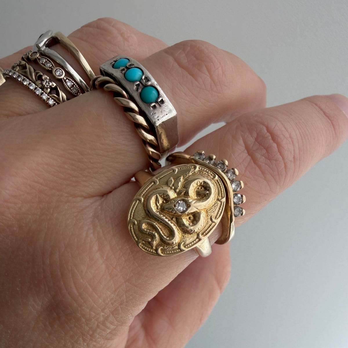 reimagined A N T I Q U E // slither through it / 14k and diamond cufflink conversion ring / size 7.25+
