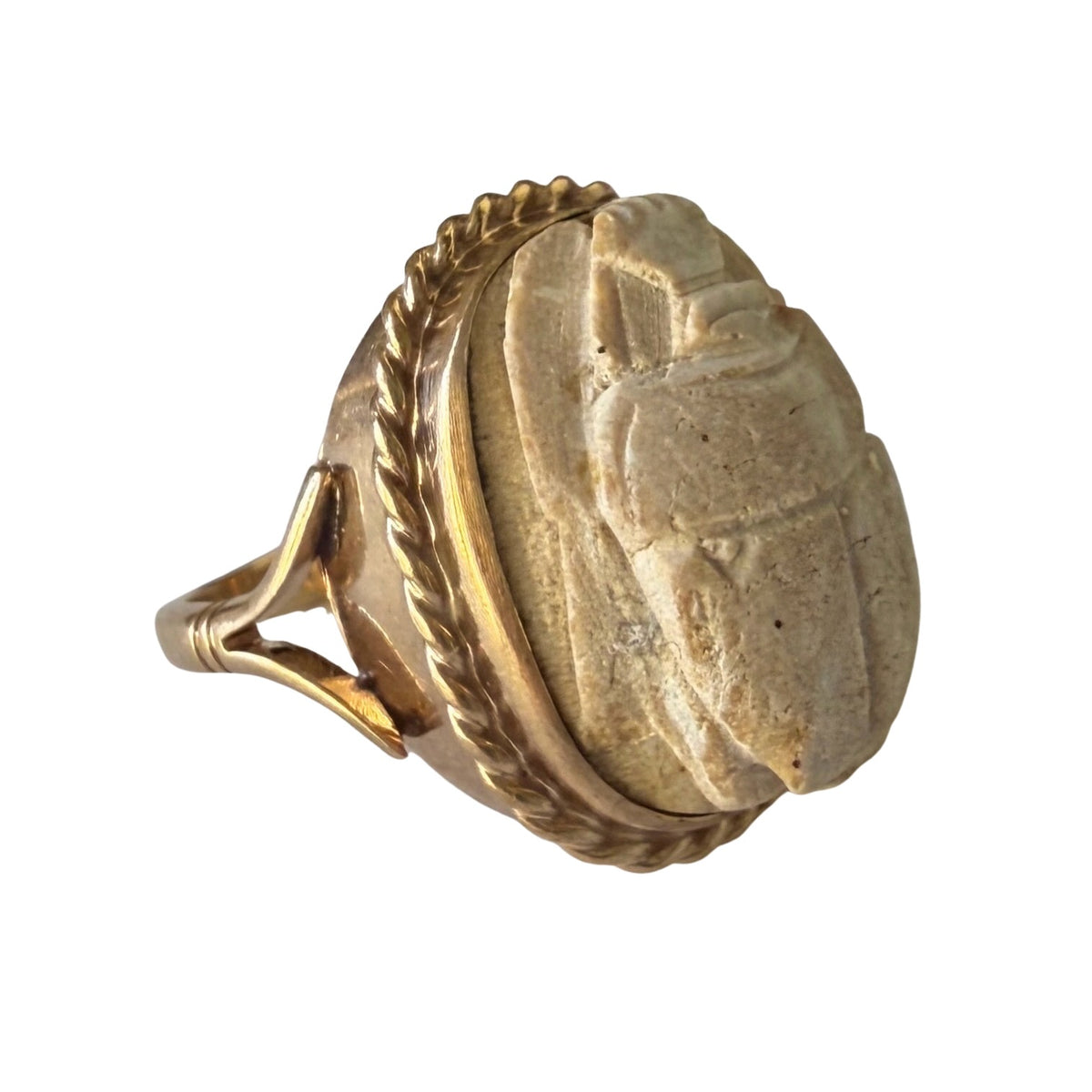 V I N T A G E // best beetle / mid century 10k + carved faience scarab ring / size ~4