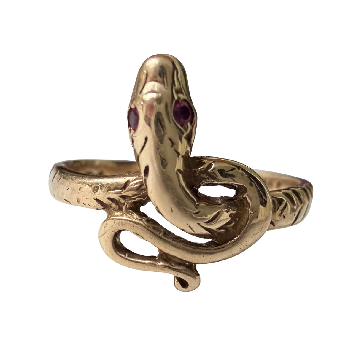 V I N T A G E // knotted embrace / 10k yellow gold snake ring with ruby eyes / size 4.5