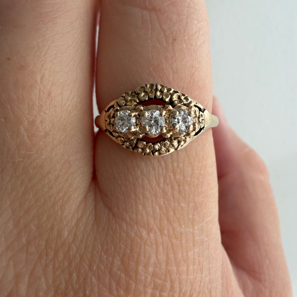 V I N T A G E // floral resilience / 1930s three stone floral east west navette ring with new diamonds / size 7
