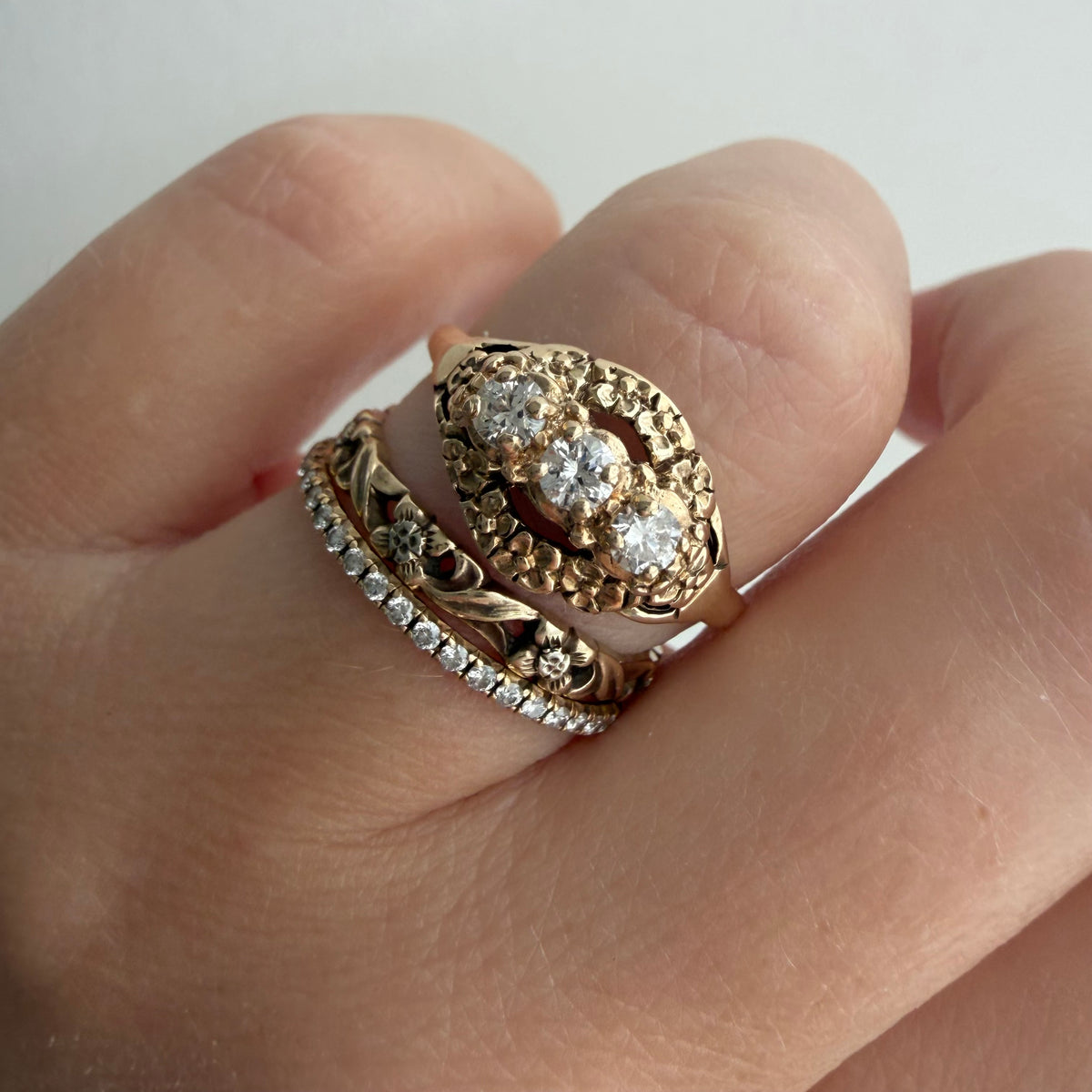 V I N T A G E // floral resilience / 1930s three stone floral east west navette ring with new diamonds / size 7