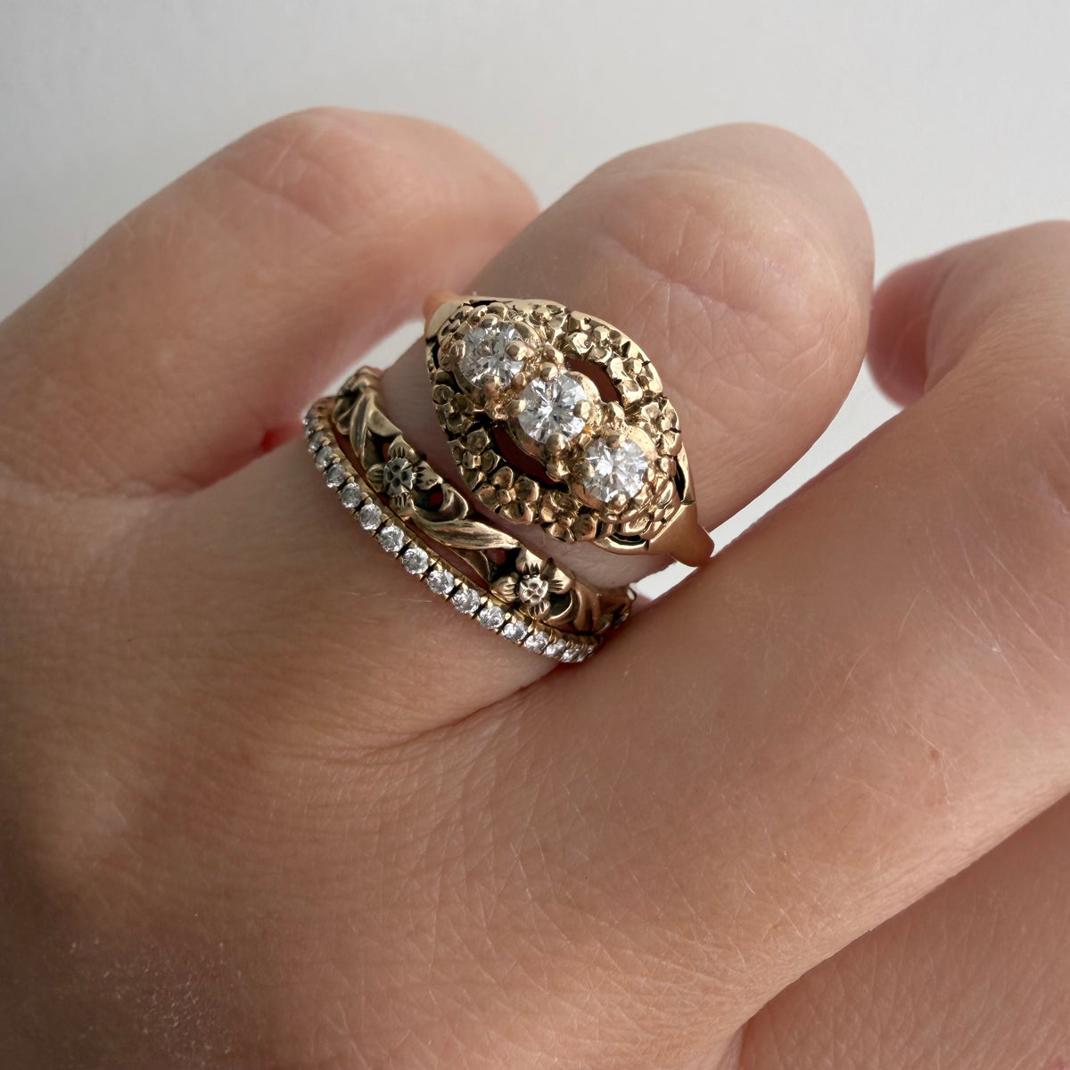 V I N T A G E // floral resilience / 1930s three stone floral east west navette ring with new diamonds / size 7