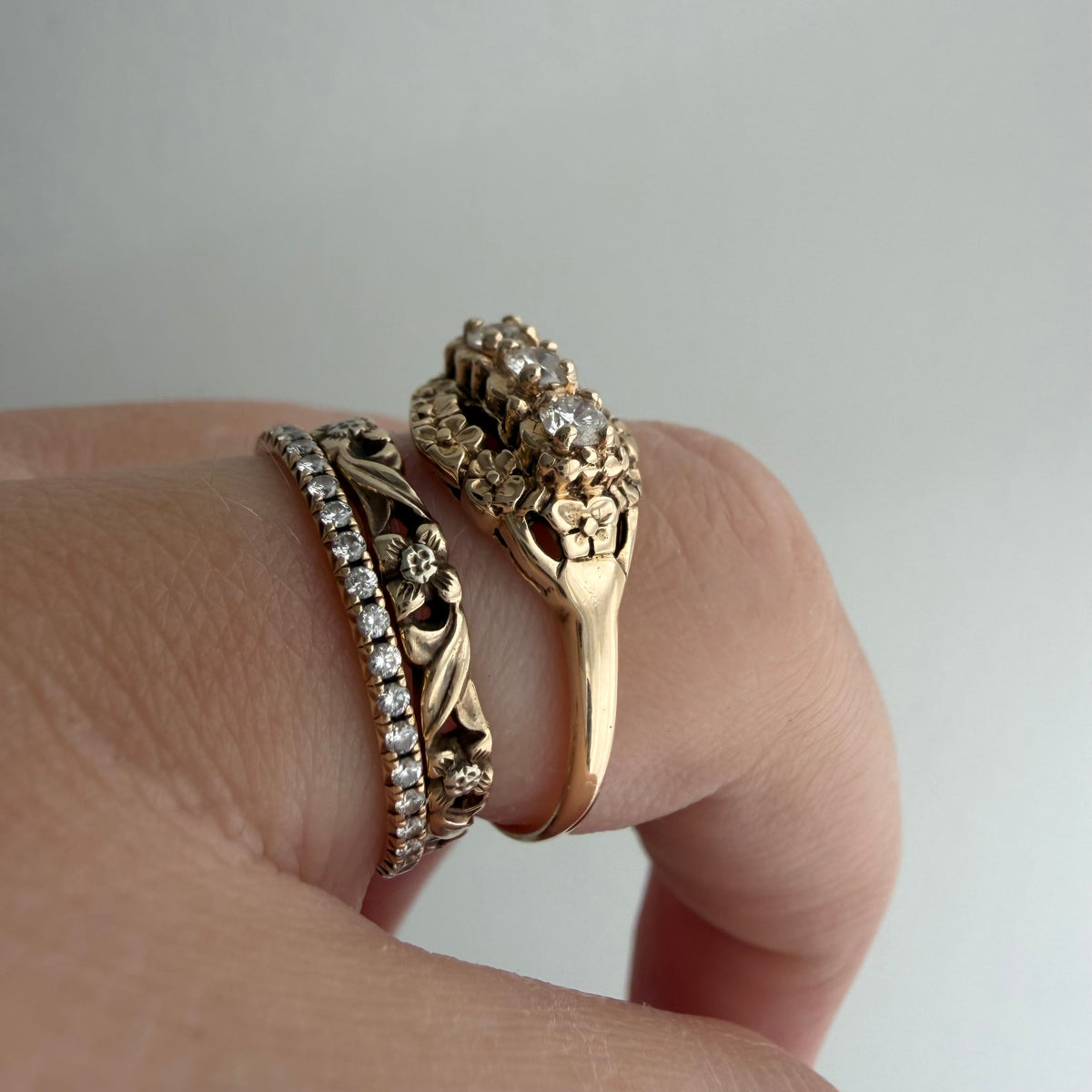 V I N T A G E // floral resilience / 1930s three stone floral east west navette ring with new diamonds / size 7
