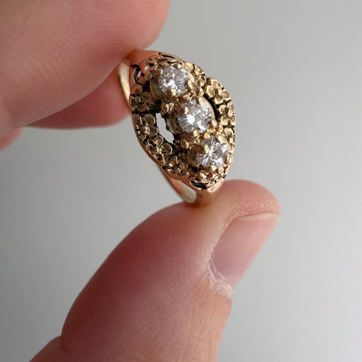 V I N T A G E // floral resilience / 1930s three stone floral east west navette ring with new diamonds / size 7