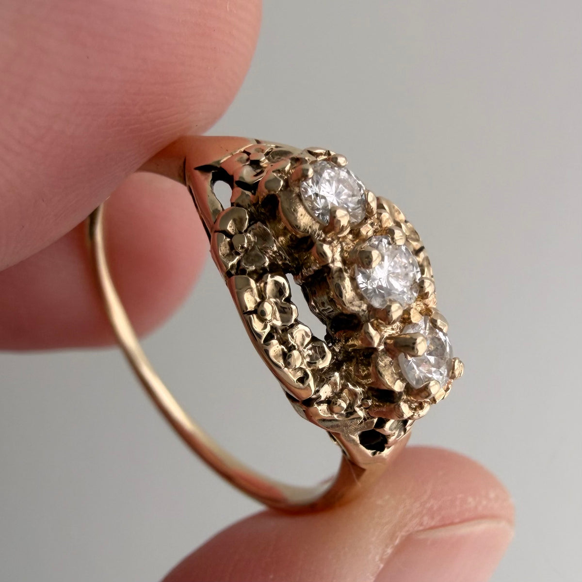 V I N T A G E // floral resilience / 1930s three stone floral east west navette ring with new diamonds / size 7