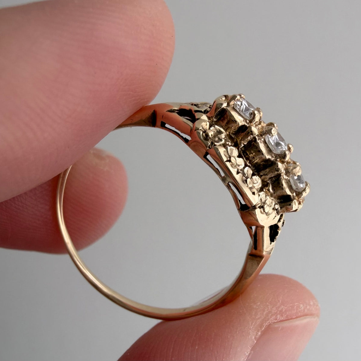 V I N T A G E // floral resilience / 1930s three stone floral east west navette ring with new diamonds / size 7