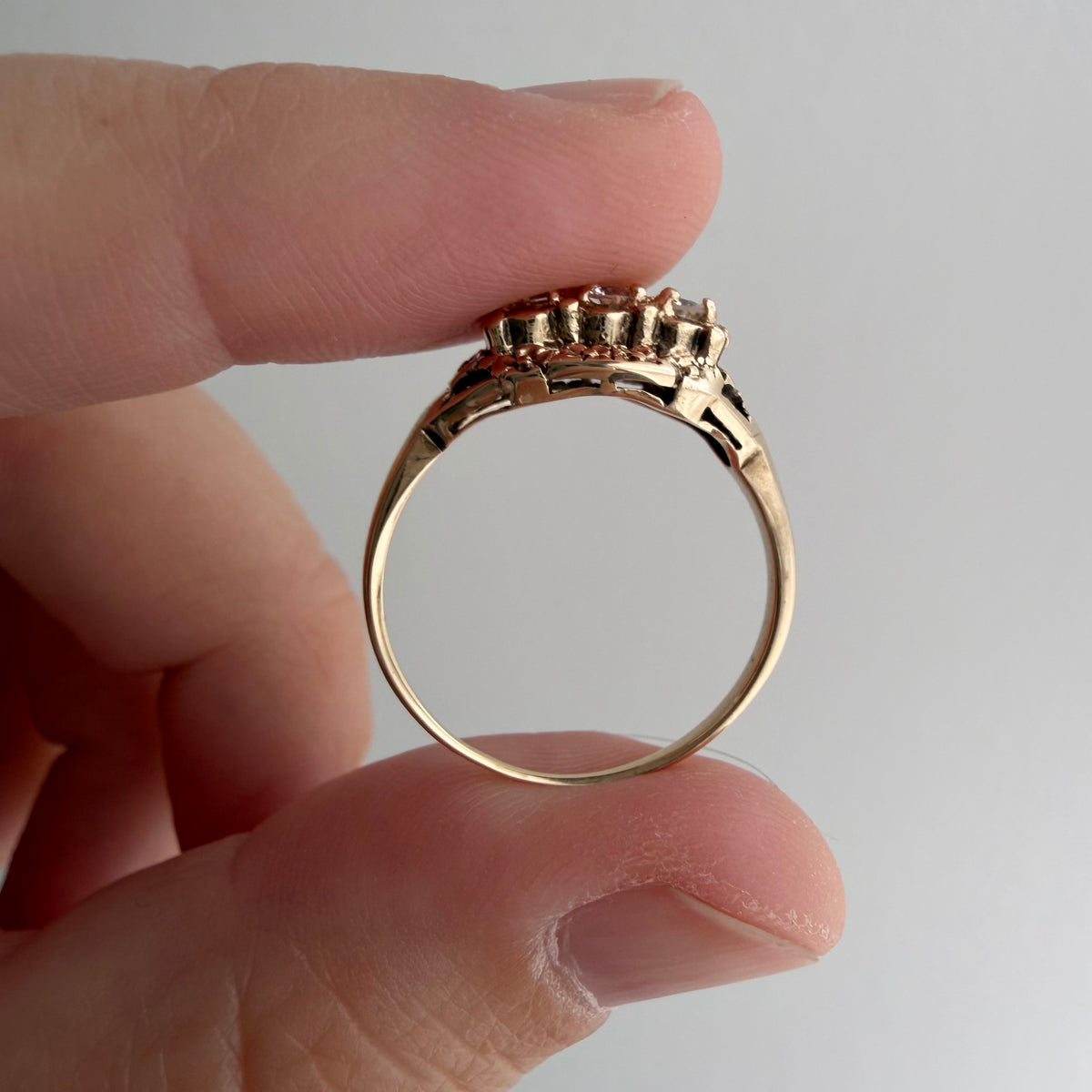 V I N T A G E // floral resilience / 1930s three stone floral east west navette ring with new diamonds / size 7