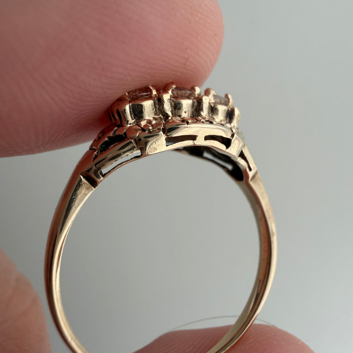 V I N T A G E // floral resilience / 1930s three stone floral east west navette ring with new diamonds / size 7
