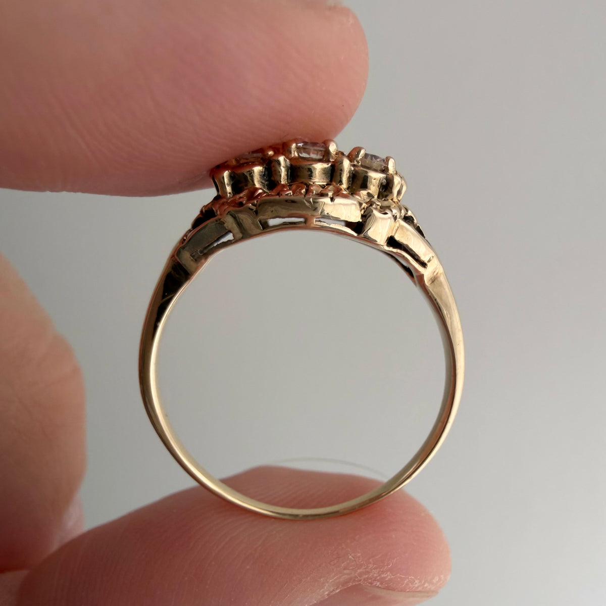 V I N T A G E // floral resilience / 1930s three stone floral east west navette ring with new diamonds / size 7