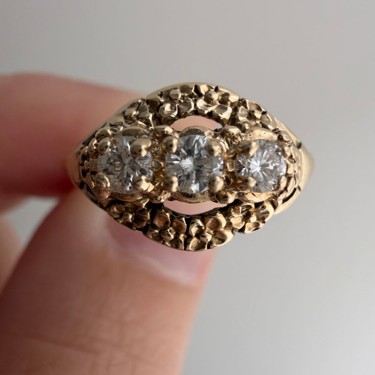 V I N T A G E // floral resilience / 1930s three stone floral east west navette ring with new diamonds / size 7