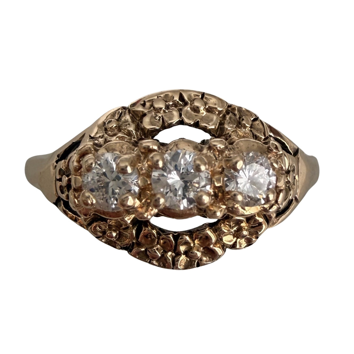 V I N T A G E // floral resilience / 1930s three stone floral east west navette ring with new diamonds / size 7