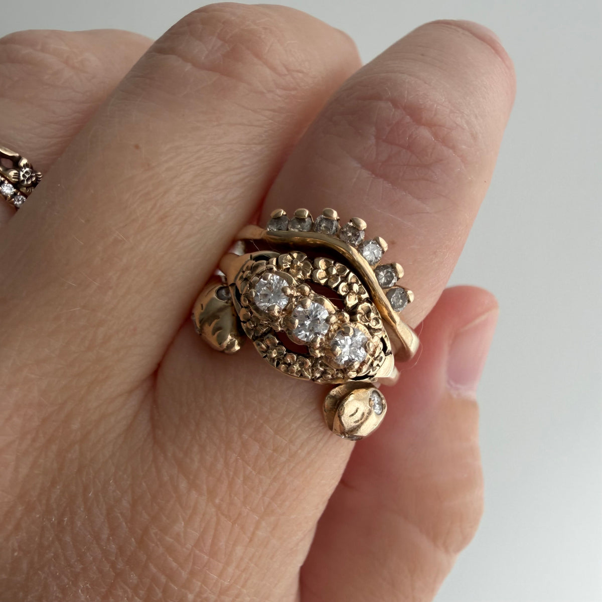 V I N T A G E // floral resilience / 1930s three stone floral east west navette ring with new diamonds / size 7