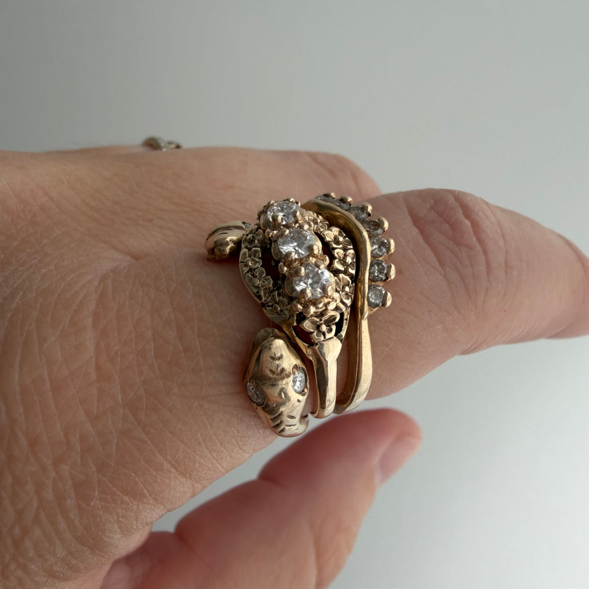 V I N T A G E // floral resilience / 1930s three stone floral east west navette ring with new diamonds / size 7