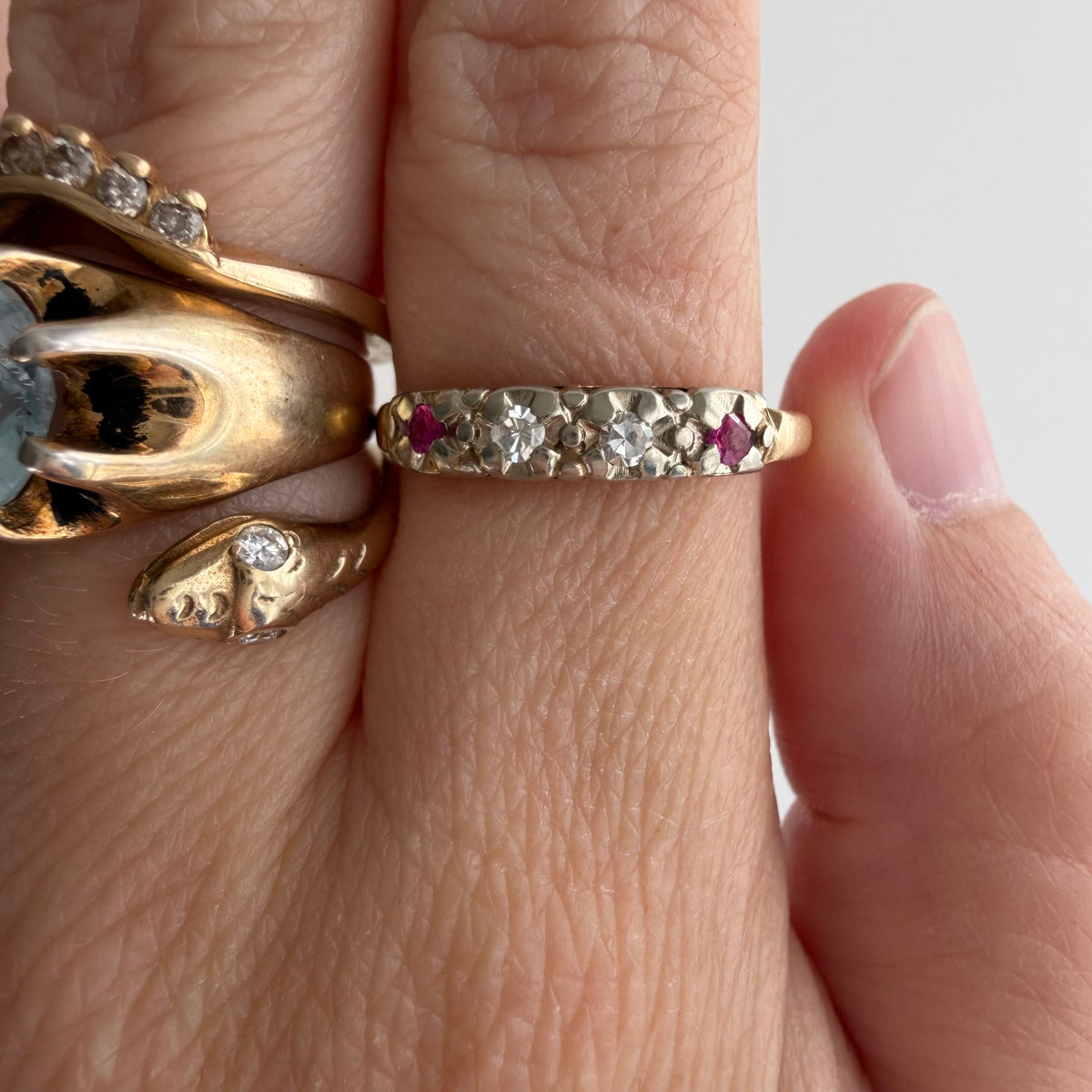 V I N T A G E // art nouveau does deco / bicolor 14k diamond and ruby band / size 8.5