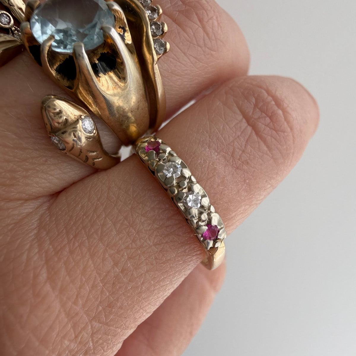V I N T A G E // art nouveau does deco / bicolor 14k diamond and ruby band / size 8.5