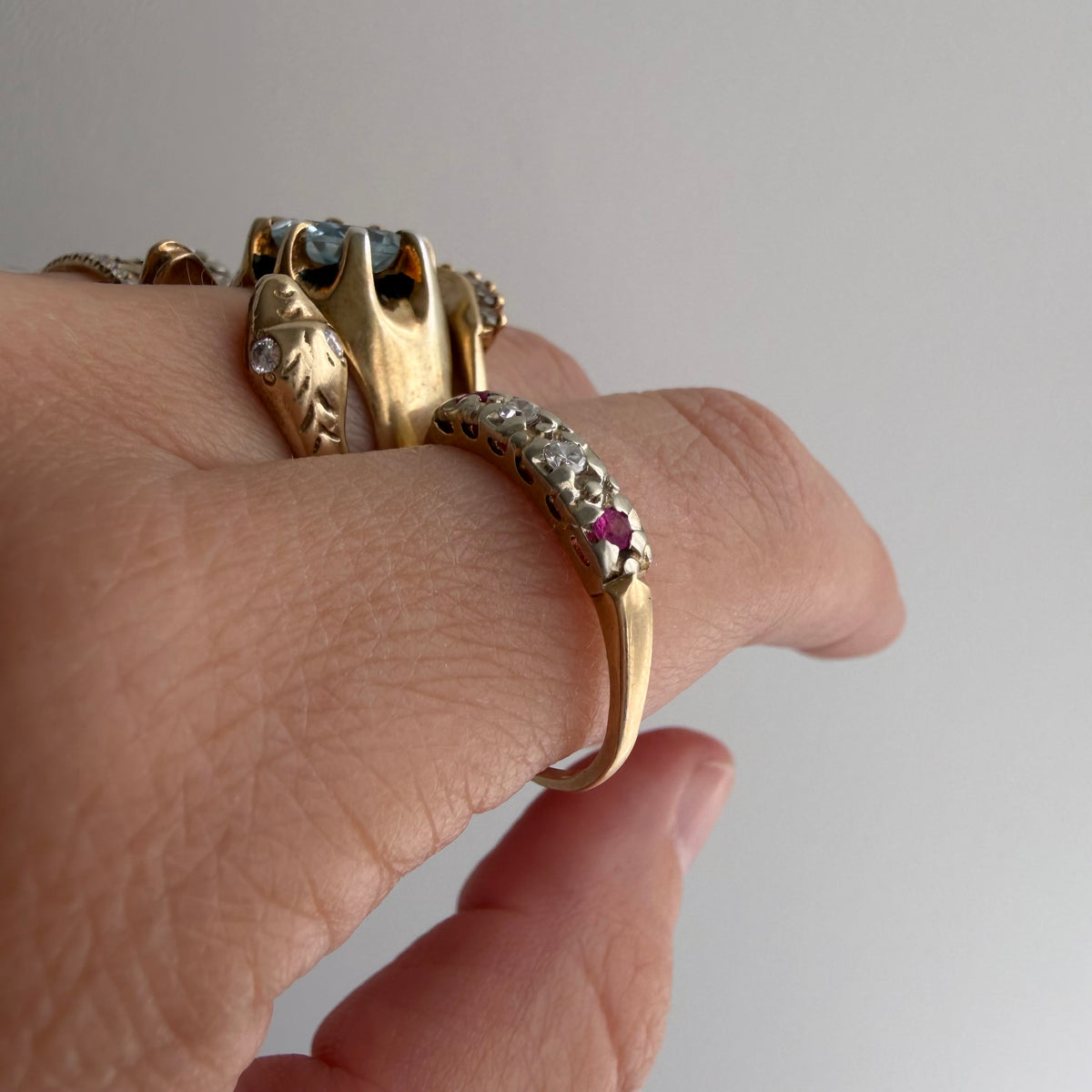 V I N T A G E // art nouveau does deco / bicolor 14k diamond and ruby band / size 8.5