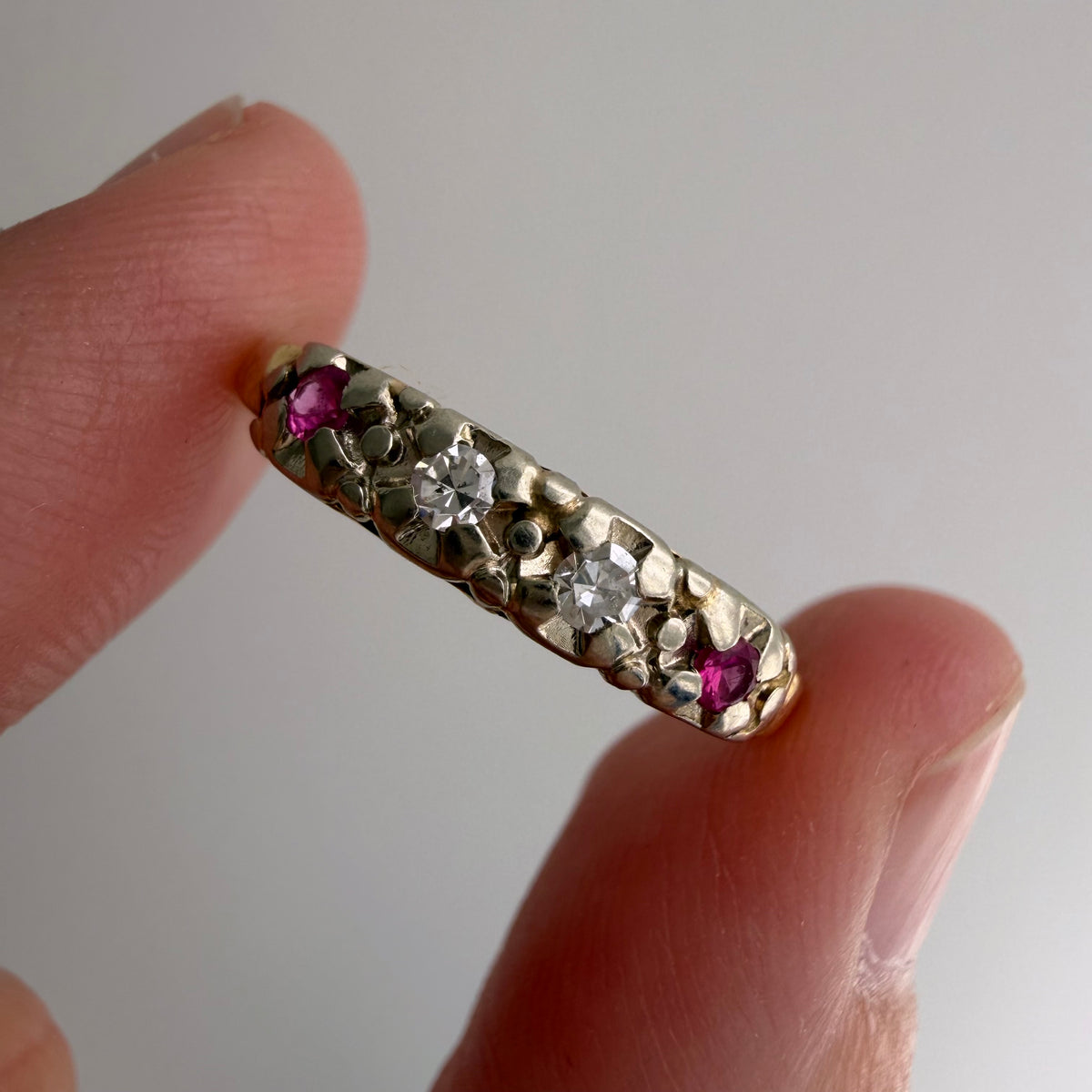 V I N T A G E // art nouveau does deco / bicolor 14k diamond and ruby band / size 8.5