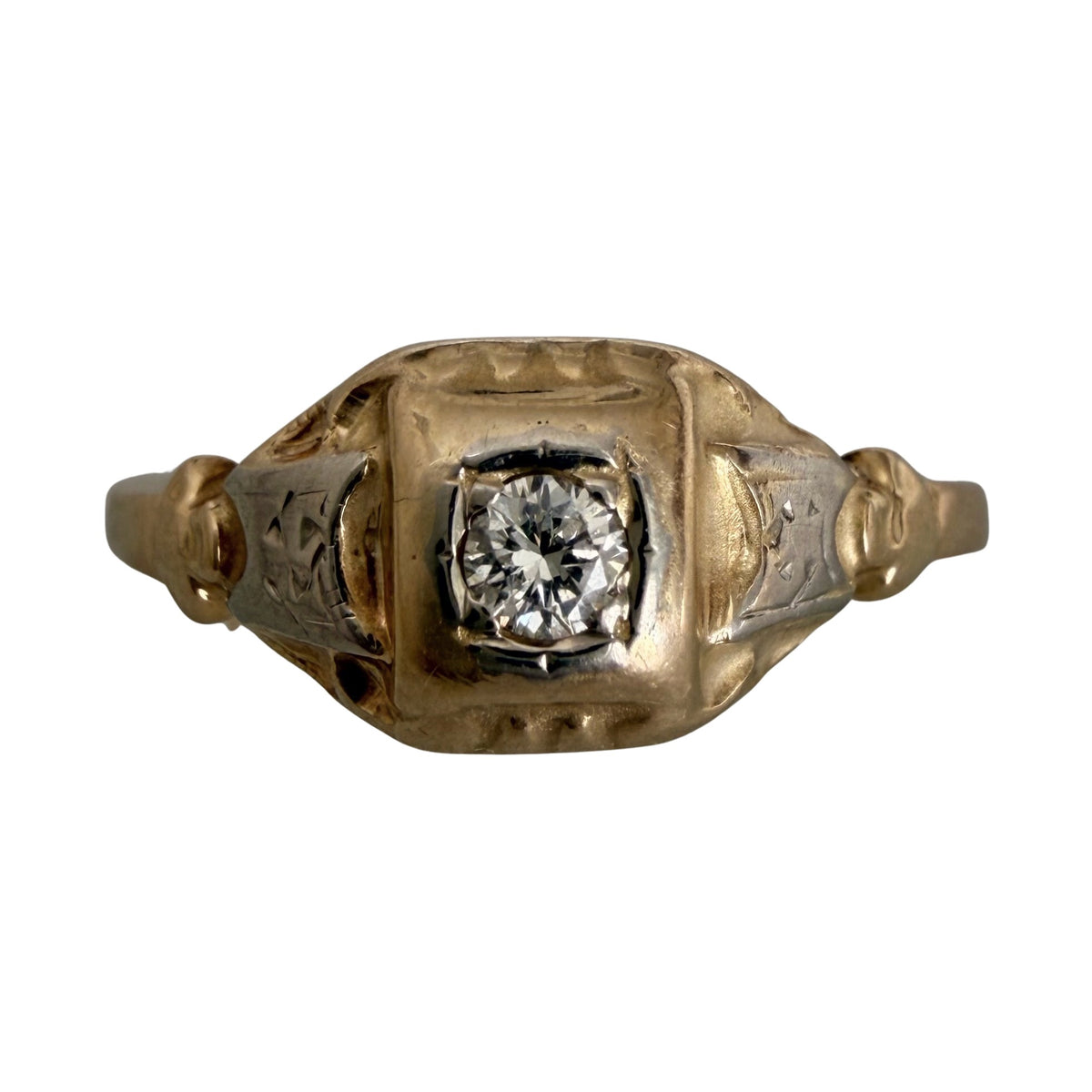 A N T I Q U E // made it this far / two tone 14k and diamond worn solitaire / size 6.5