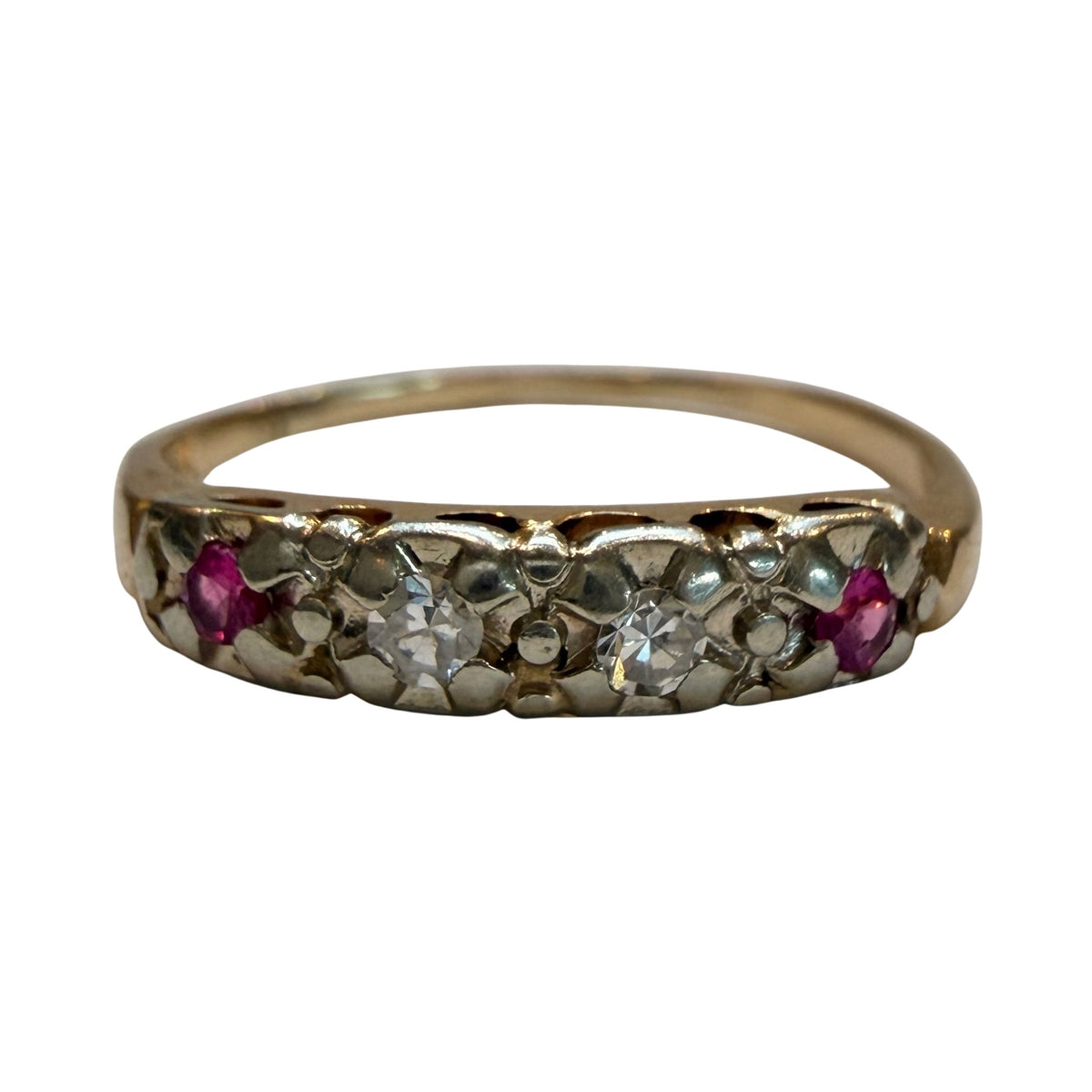 V I N T A G E // art nouveau does deco / bicolor 14k diamond and ruby band / size 8.5