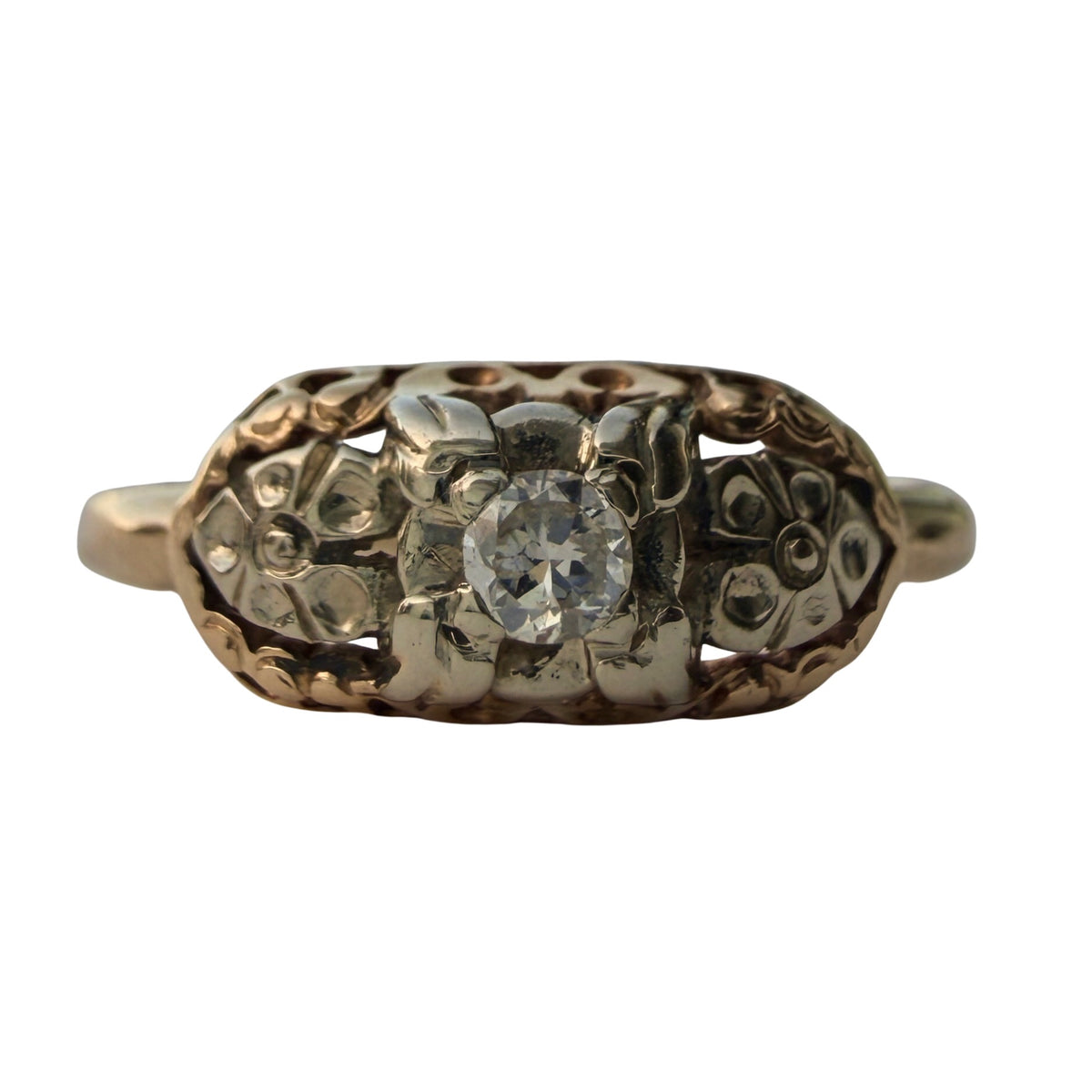 A N T I Q U E // blooming love / two tone 14k and diamond floral solitaire ring / size 6