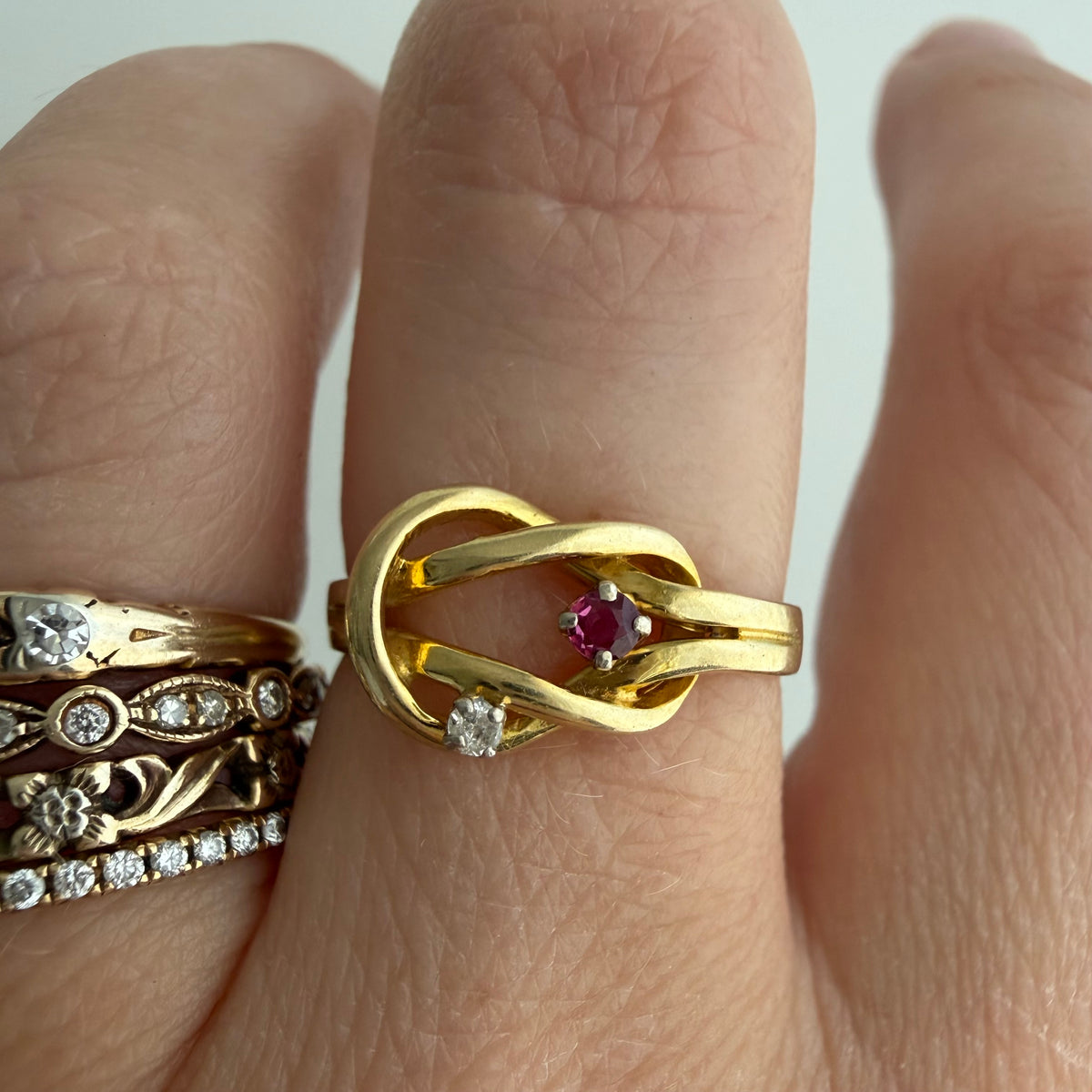 V I N T A G E // linked up / 14k knot ring with diamond and ruby / size 5.75