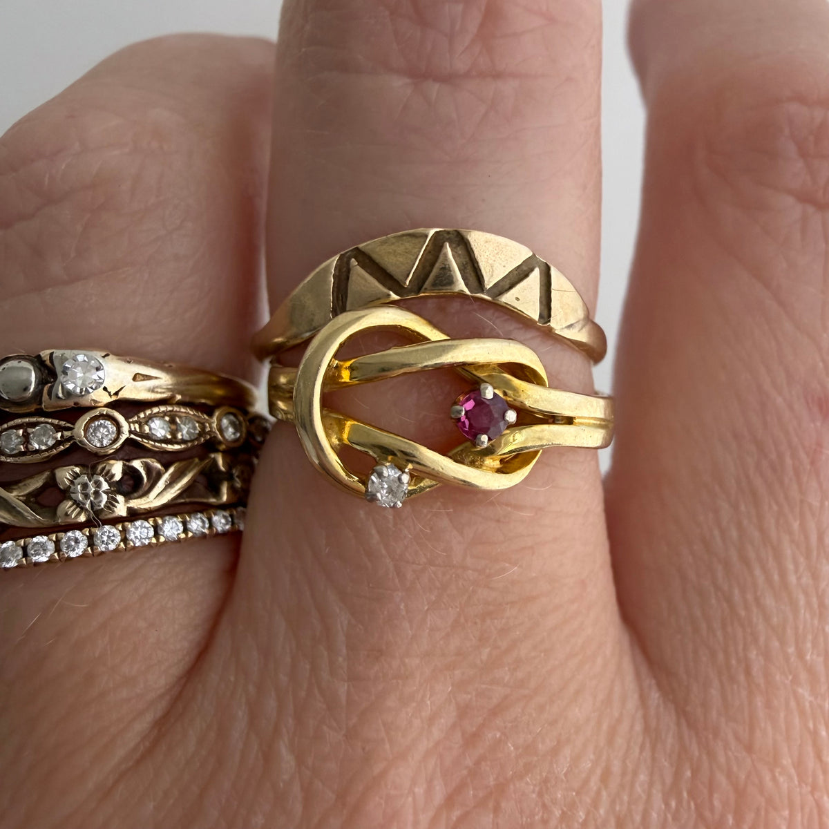 V I N T A G E // linked up / 14k knot ring with diamond and ruby / size 5.75