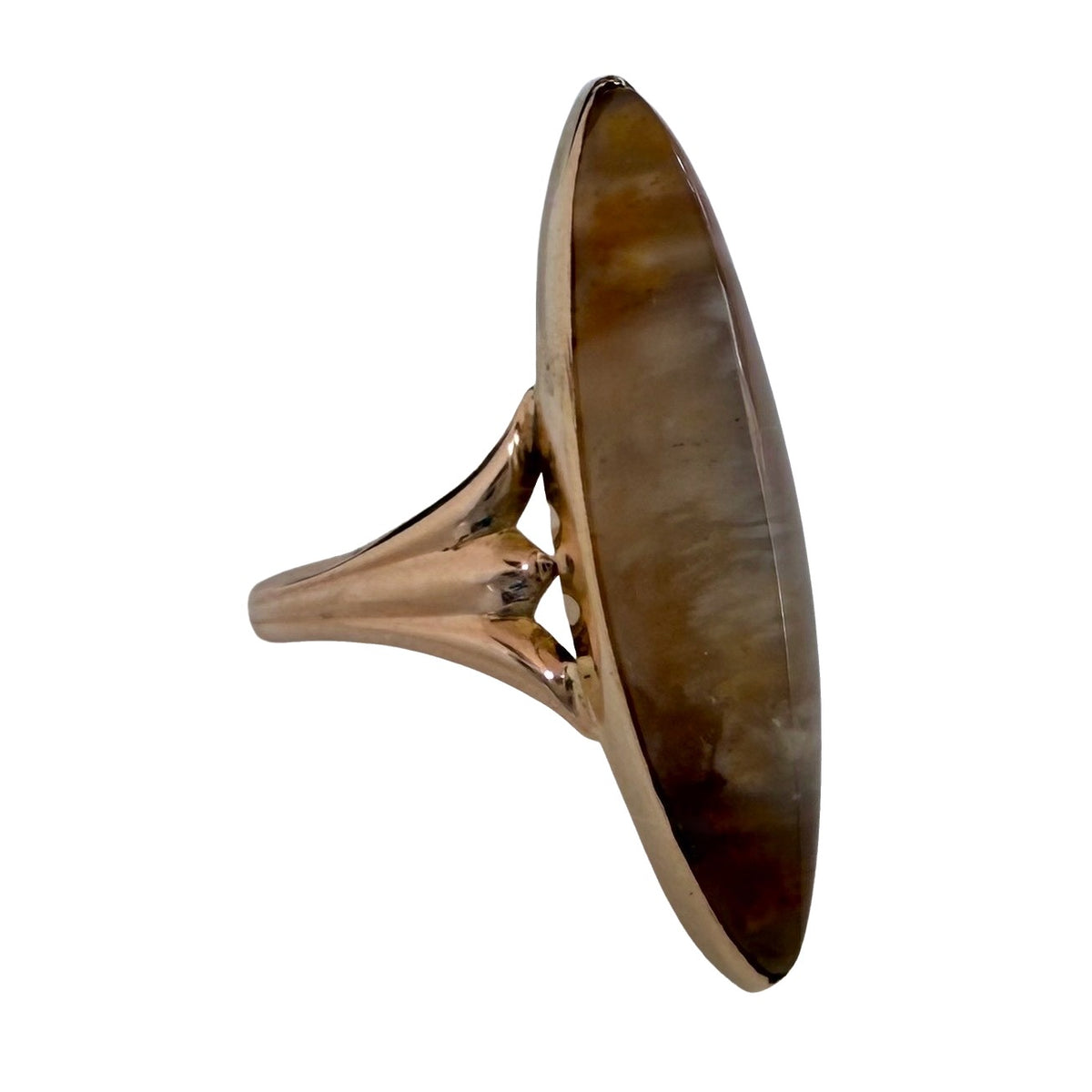 A N T I Q U E // as above, so below / 10k and agate Edwardian ridged navette solitaire / size 5.5